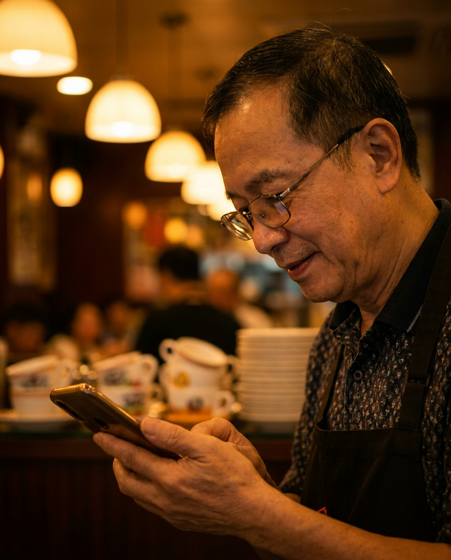 香港老闆，茶記燈光下睇電話